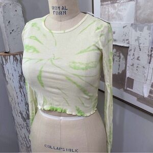 Urban Outfitters Truly Madly Deeply Green/Cream Long Sleeve Crop Top